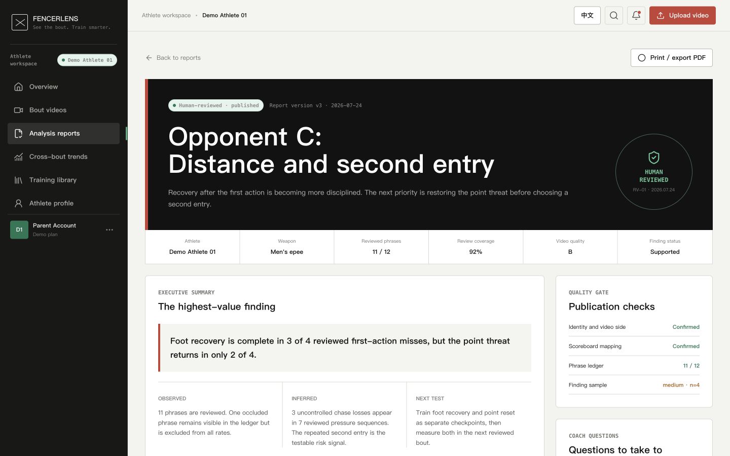 Human-reviewed FencerLens fencing analysis report